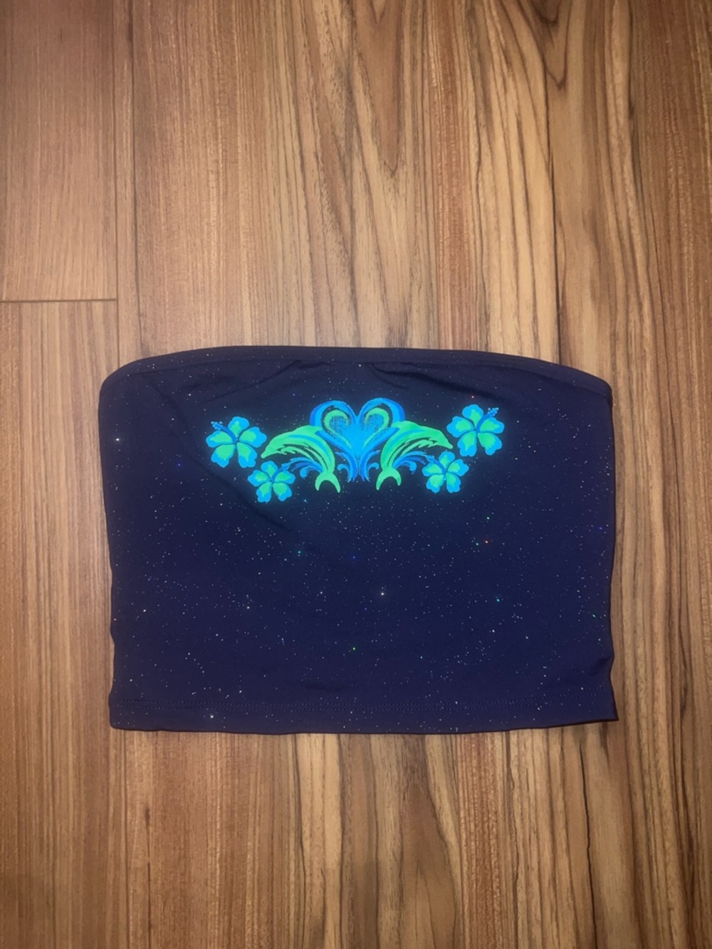 Sparkle Navy Blue Strapless Tube Top with Teal Floral Print
